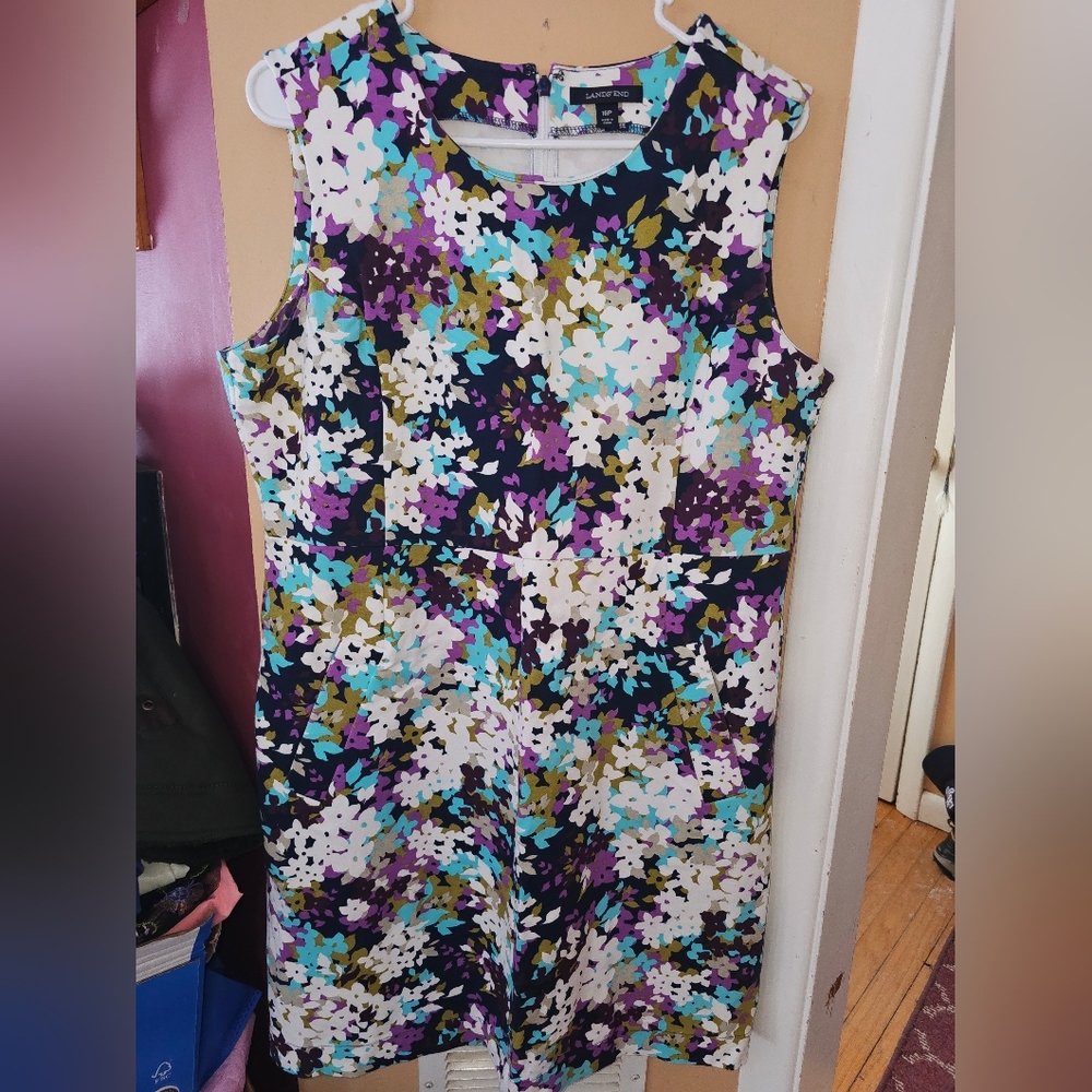 Lands' End Dress 16P Purple Blue Floral